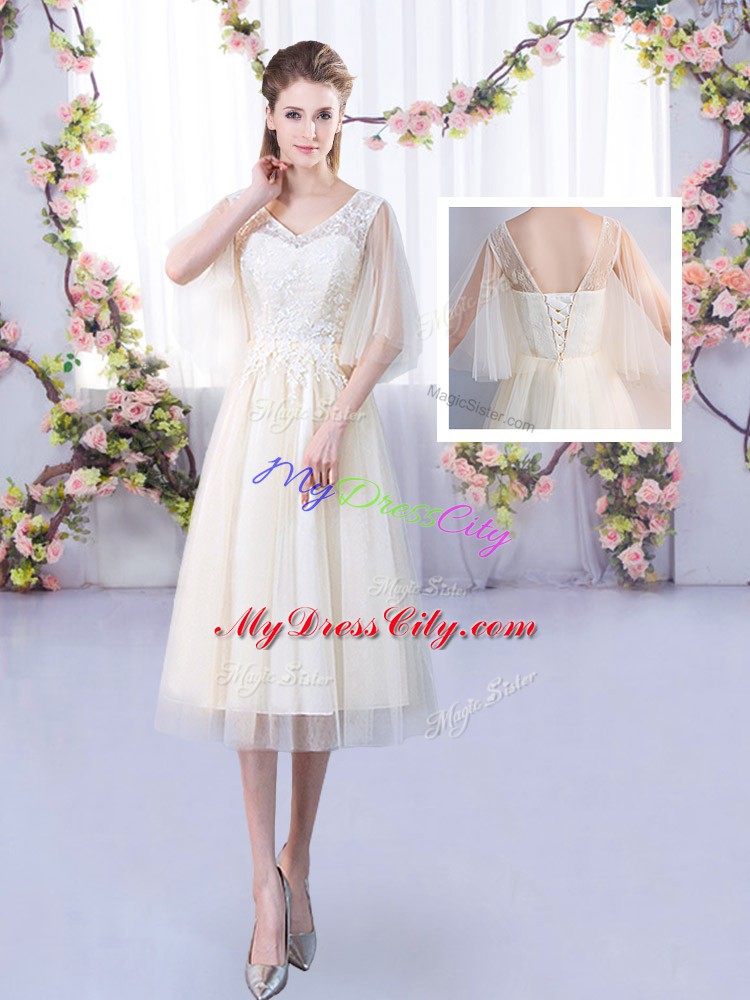 Fitting High-neck Half Sleeves Lace Up Wedding Party Dress Champagne Tulle