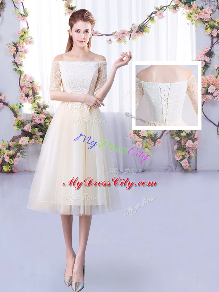 Fitting High-neck Half Sleeves Lace Up Wedding Party Dress Champagne Tulle