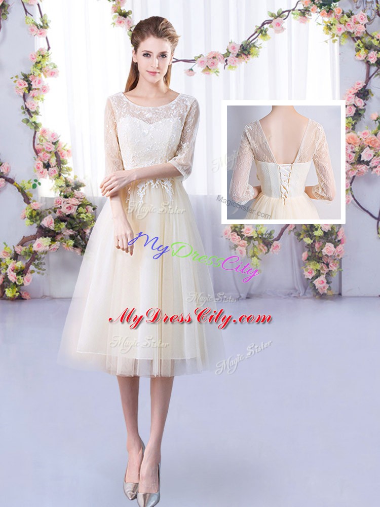 Fitting High-neck Half Sleeves Lace Up Wedding Party Dress Champagne Tulle