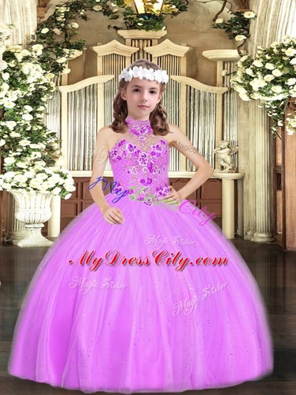 Latest Tulle Halter Top Sleeveless Lace Up Appliques Child Pageant Dress in Lilac