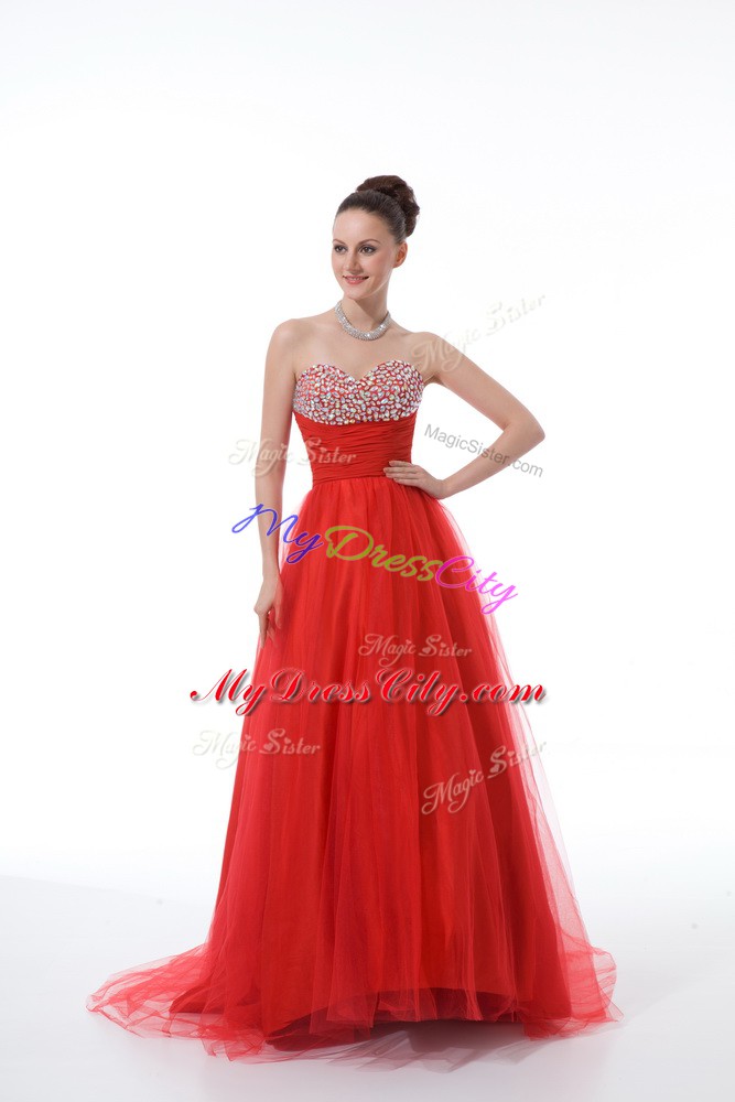 Red A-line Sweetheart Sleeveless Tulle Zipper Beading Homecoming Dresses