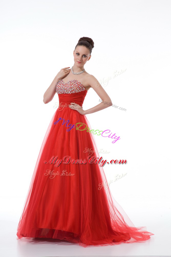 Red A-line Sweetheart Sleeveless Tulle Zipper Beading Homecoming Dresses