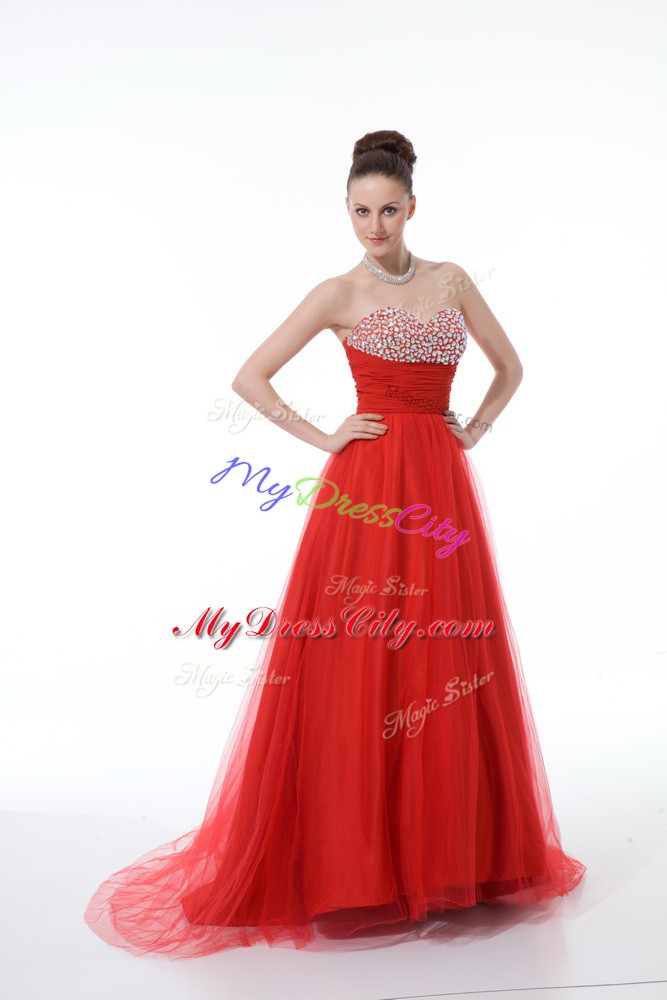 Red A-line Sweetheart Sleeveless Tulle Zipper Beading Homecoming Dresses