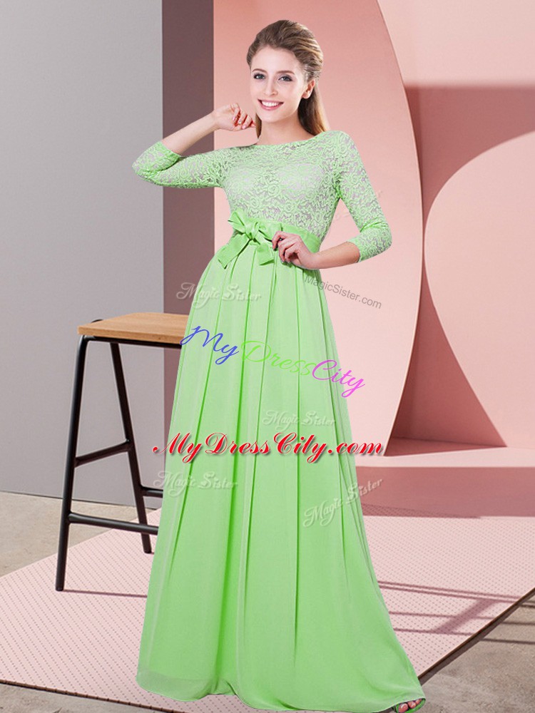 Captivating Empire Scoop 3 4 Length Sleeve Chiffon Floor Length Side Zipper Lace and Belt Wedding Guest Dresses