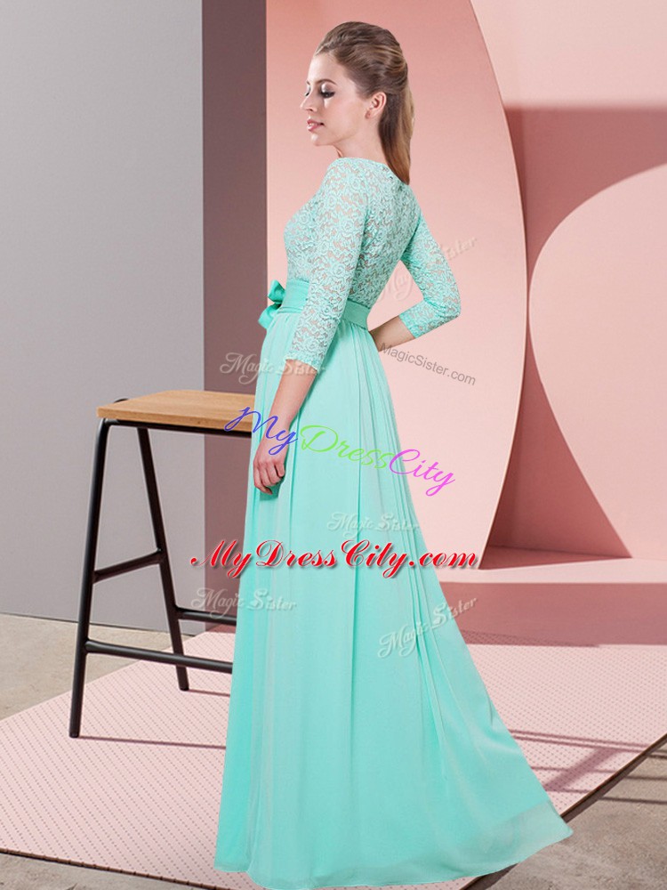 Captivating Empire Scoop 3 4 Length Sleeve Chiffon Floor Length Side Zipper Lace and Belt Wedding Guest Dresses