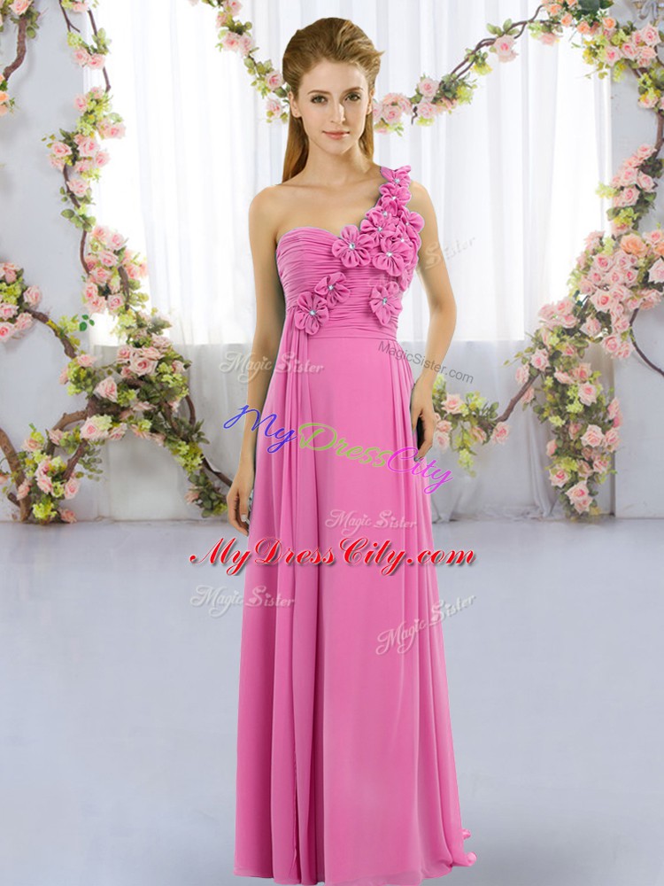 Luxurious Floor Length Rose Pink Quinceanera Court Dresses One Shoulder Sleeveless Lace Up