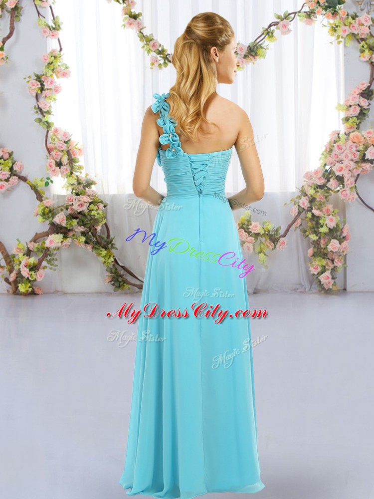 Luxurious Floor Length Rose Pink Quinceanera Court Dresses One Shoulder Sleeveless Lace Up