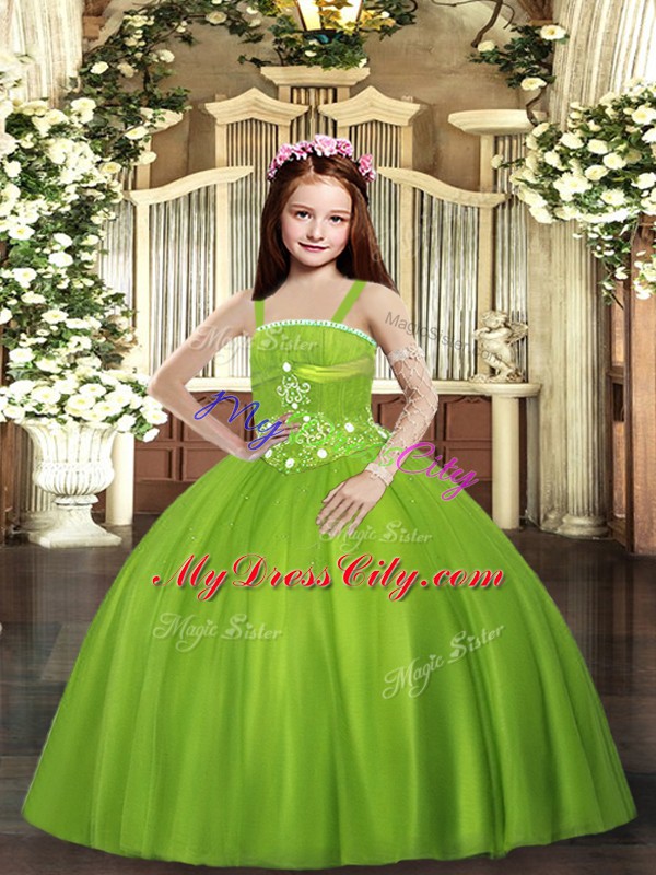 Nice Tulle Straps Sleeveless Lace Up Beading Pageant Gowns For Girls in Olive Green