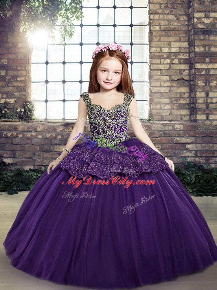 Purple Sleeveless Tulle Lace Up Little Girl Pageant Dress