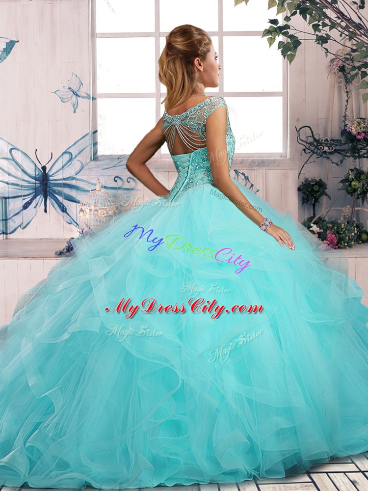 Fabulous Aqua Blue Off The Shoulder Lace Up Beading and Ruffles 15 Quinceanera Dress Sleeveless