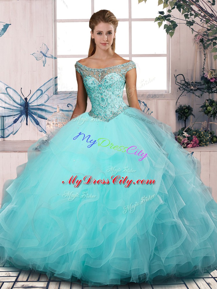 Fabulous Aqua Blue Off The Shoulder Lace Up Beading and Ruffles 15 Quinceanera Dress Sleeveless