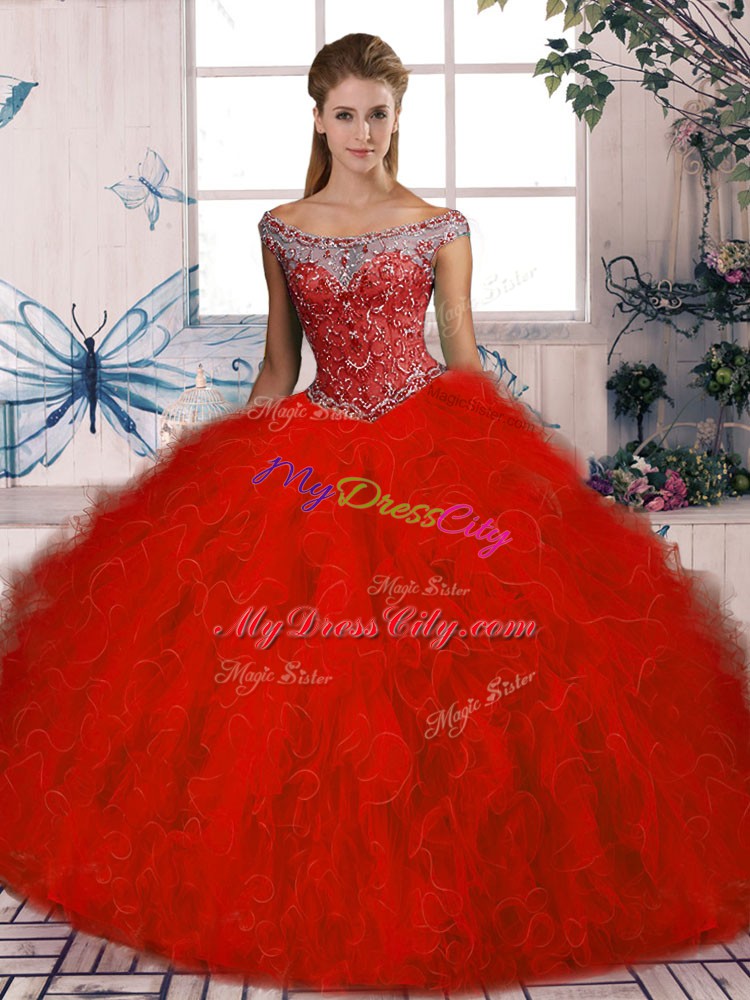 Sleeveless Brush Train Beading and Ruffles Lace Up Quinceanera Dress