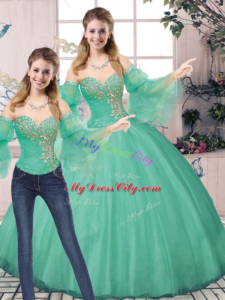 Luxury Sweetheart Sleeveless Lace Up Quinceanera Dress Turquoise Tulle