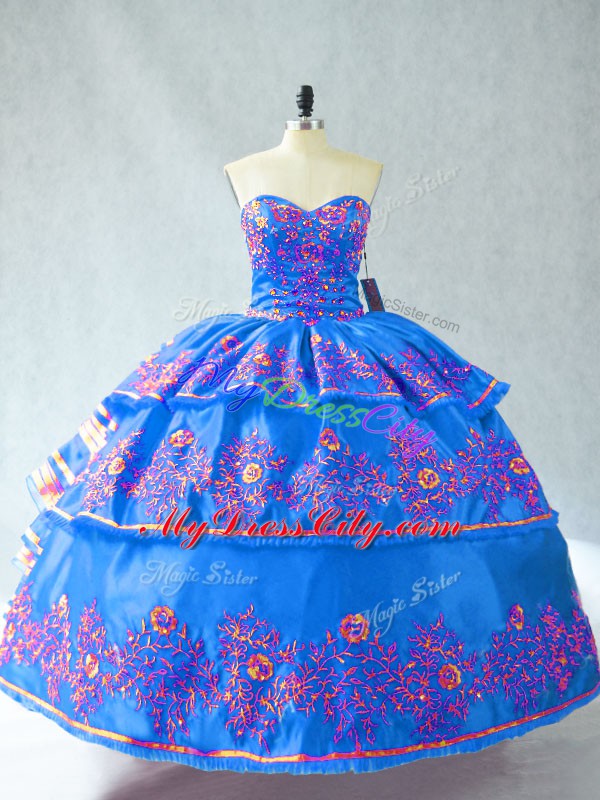 Sexy Blue Sweetheart Neckline Embroidery Sweet 16 Dress Sleeveless Lace Up