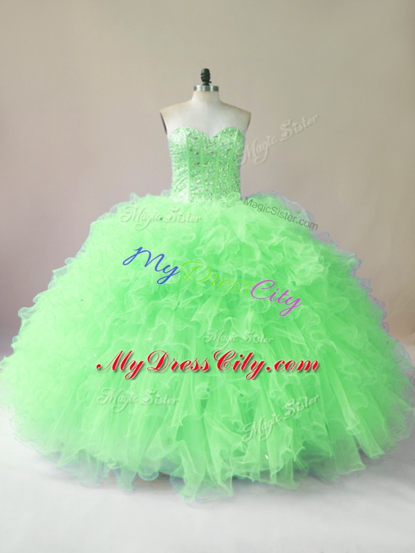 Super Tulle Lace Up Sweetheart Sleeveless Floor Length 15th Birthday Dress Beading and Ruffles