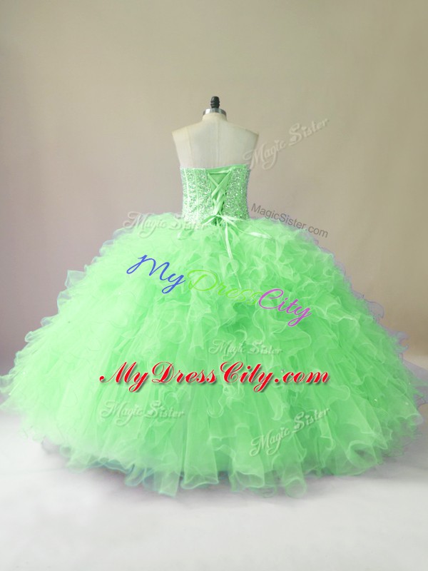 Super Tulle Lace Up Sweetheart Sleeveless Floor Length 15th Birthday Dress Beading and Ruffles