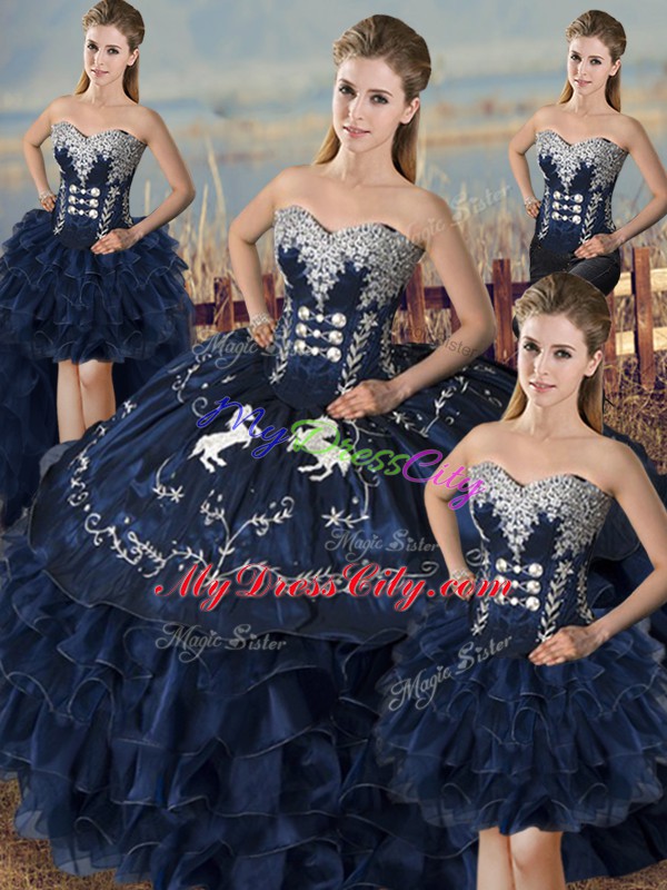 Superior Navy Blue Lace Up Sweetheart Embroidery and Ruffles Quinceanera Gown Organza Sleeveless