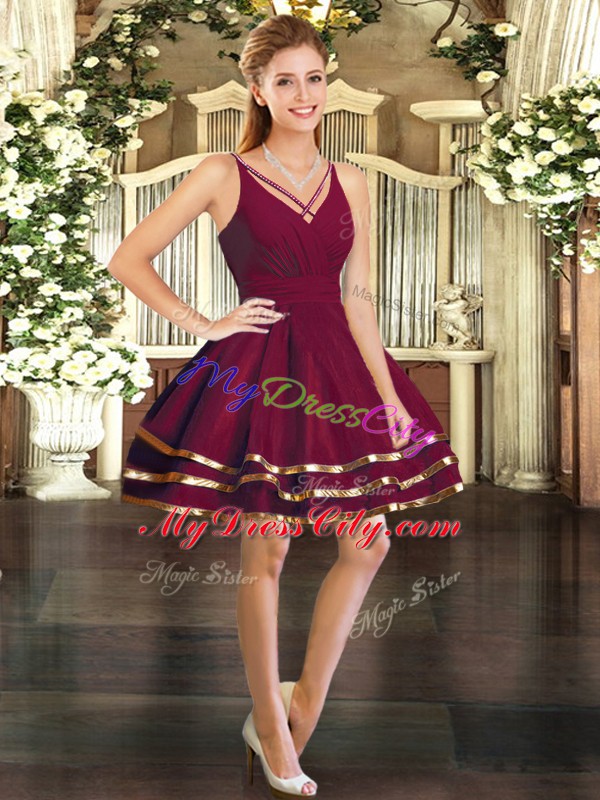 V-neck Sleeveless Backless Sweet 16 Quinceanera Dress Burgundy Tulle