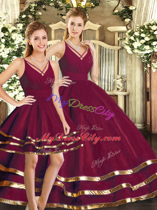 V-neck Sleeveless Backless Sweet 16 Quinceanera Dress Burgundy Tulle