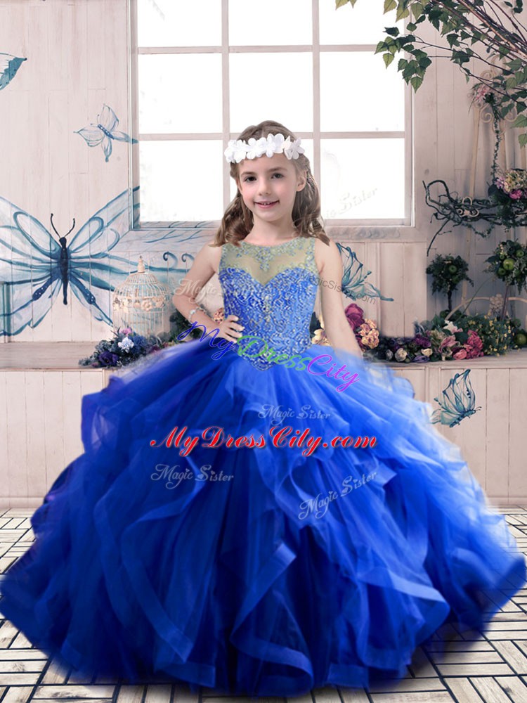 Royal Blue Ball Gowns Beading and Ruffles Little Girls Pageant Gowns Lace Up Tulle Sleeveless Floor Length