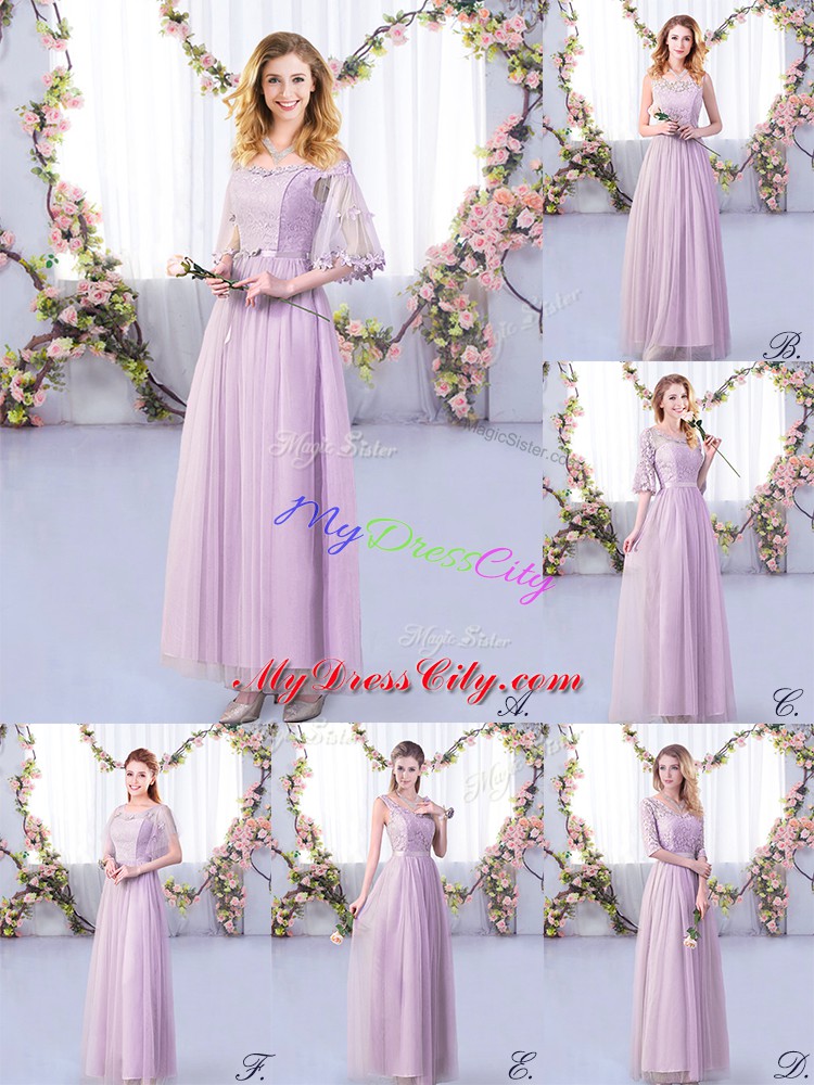 Half Sleeves Floor Length Lace and Belt Side Zipper Bridesmaid Dresses with Lavender