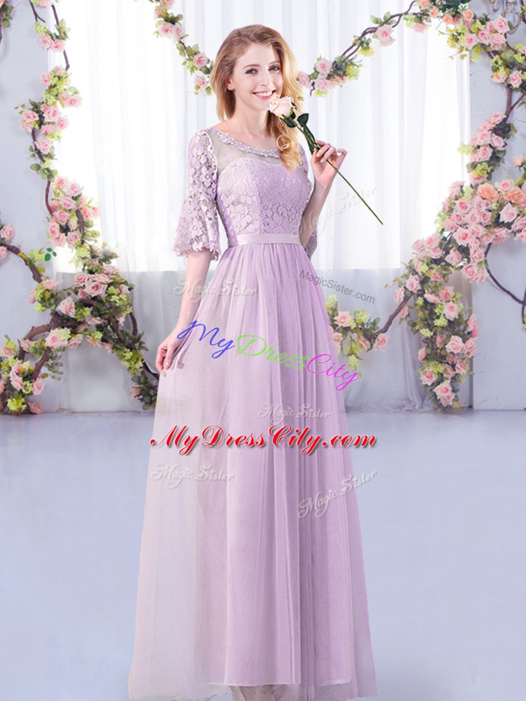 Half Sleeves Floor Length Lace and Belt Side Zipper Bridesmaid Dresses with Lavender