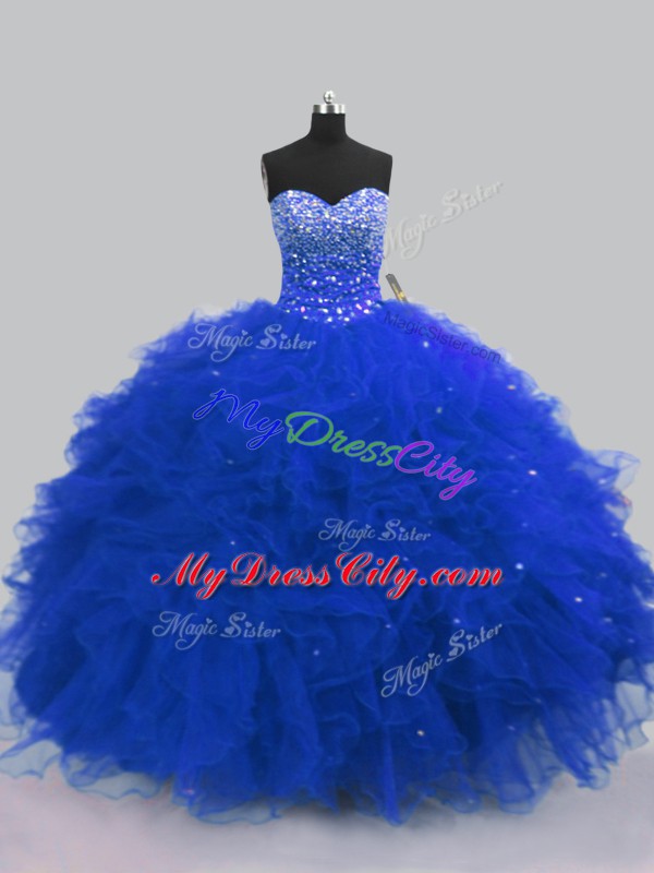 Captivating Royal Blue Tulle Lace Up Sweetheart Sleeveless Floor Length Sweet 16 Quinceanera Dress Beading and Ruffles