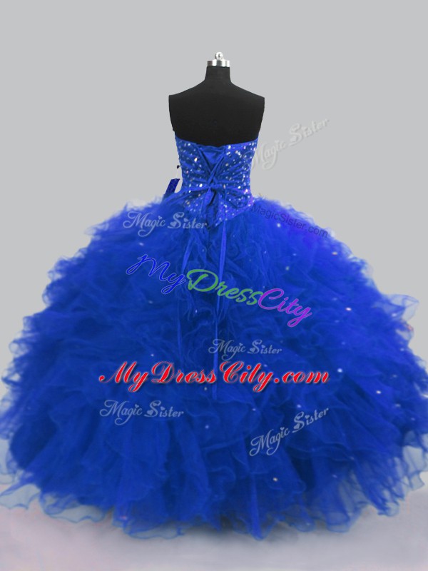 Captivating Royal Blue Tulle Lace Up Sweetheart Sleeveless Floor Length Sweet 16 Quinceanera Dress Beading and Ruffles