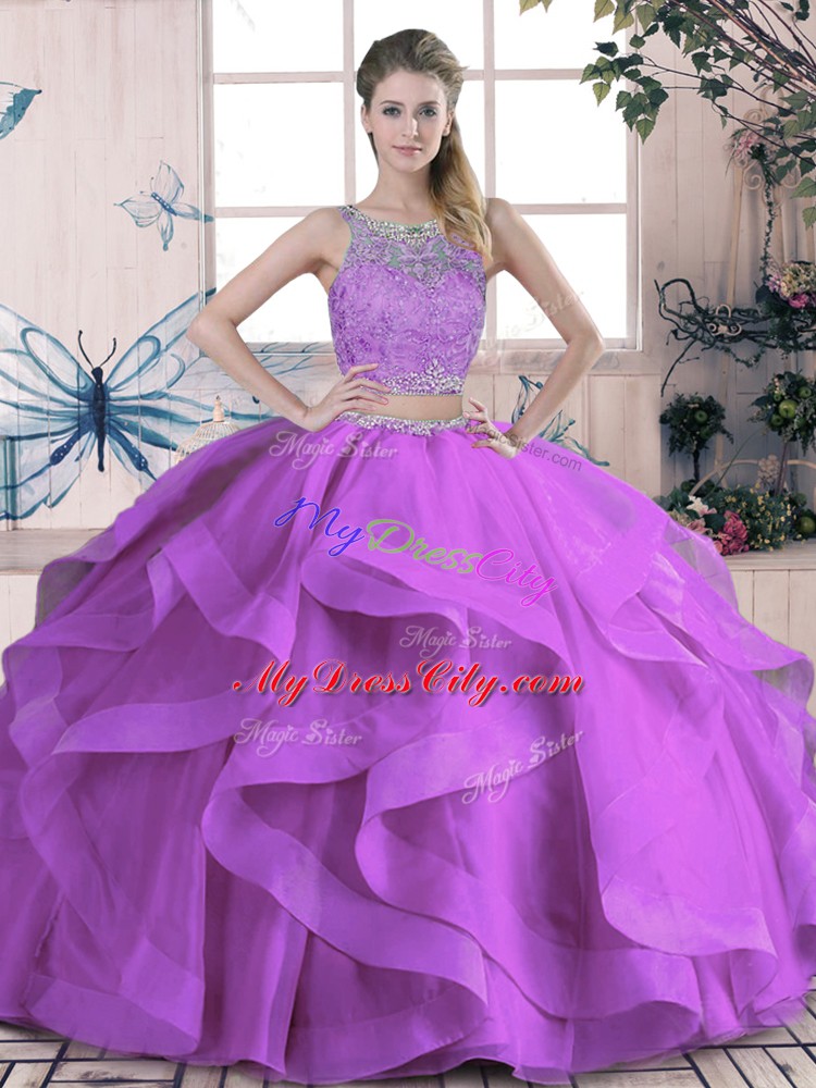 Tulle Sleeveless Floor Length Quinceanera Gown and Beading and Lace and Ruffles