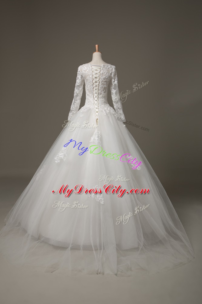 3 4 Length Sleeve Tulle Brush Train Lace Up Bridal Gown in White with Beading and Lace