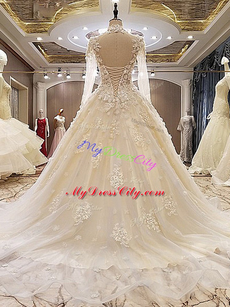 Most Popular Lace Up Wedding Dresses White for Wedding Party with Appliques Court Train