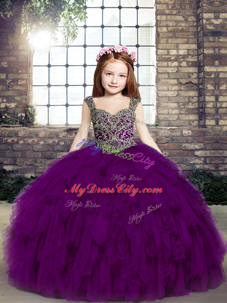 Affordable Tulle Sleeveless Floor Length Little Girl Pageant Dress and Beading and Ruffles