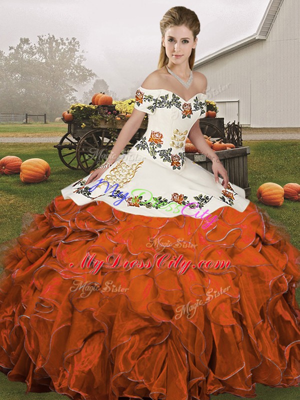 Embroidery and Ruffles 15 Quinceanera Dress Rust Red Lace Up Sleeveless Floor Length