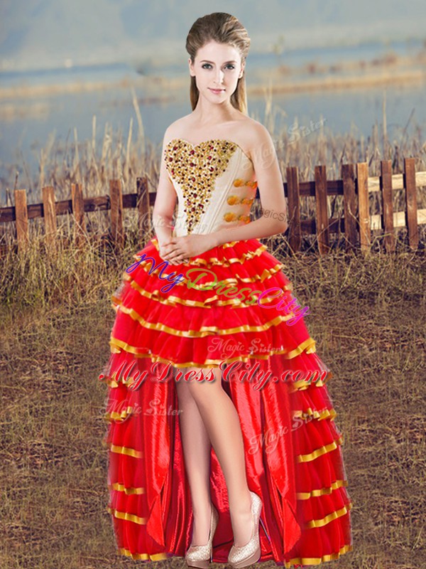 Sleeveless Organza Floor Length Lace Up Quinceanera Dress in White And Red with Beading and Ruffled Layers