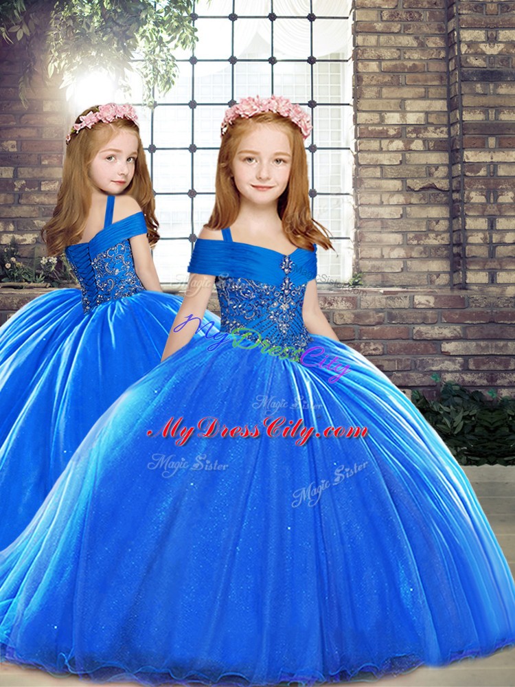 Customized Sleeveless Brush Train Lace Up Little Girls Pageant Dress Wholesale in Royal Blue with Beading