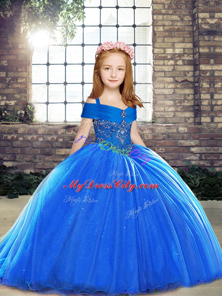 Customized Sleeveless Brush Train Lace Up Little Girls Pageant Dress Wholesale in Royal Blue with Beading