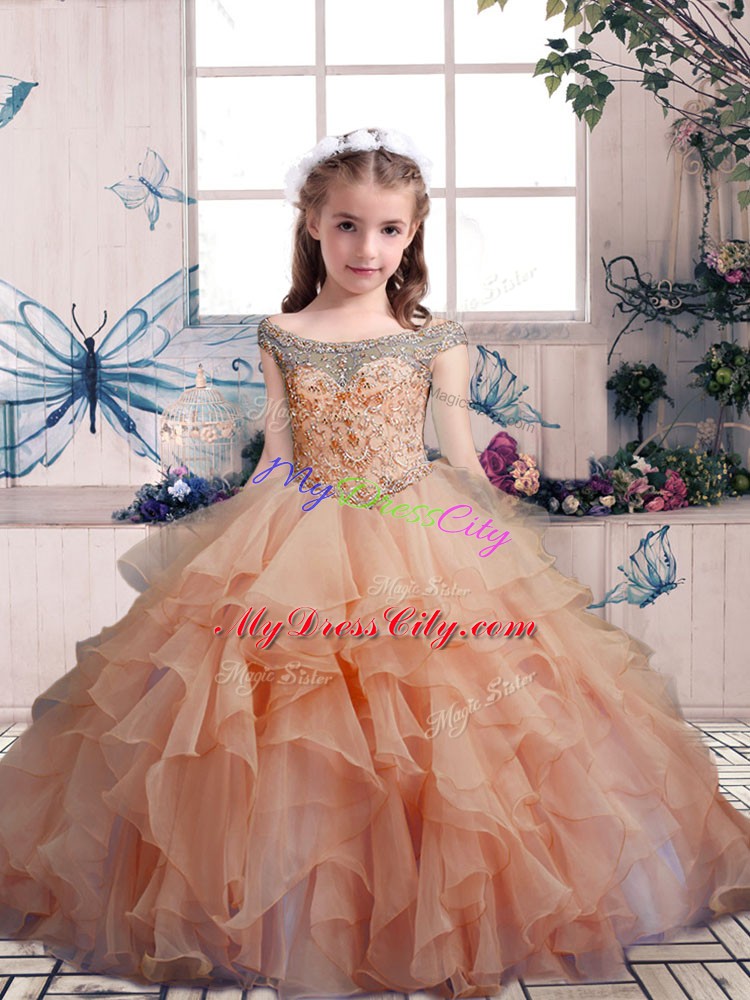 Affordable Peach Ball Gowns Organza Scoop Sleeveless Beading and Ruffles Floor Length Lace Up Girls Pageant Dresses