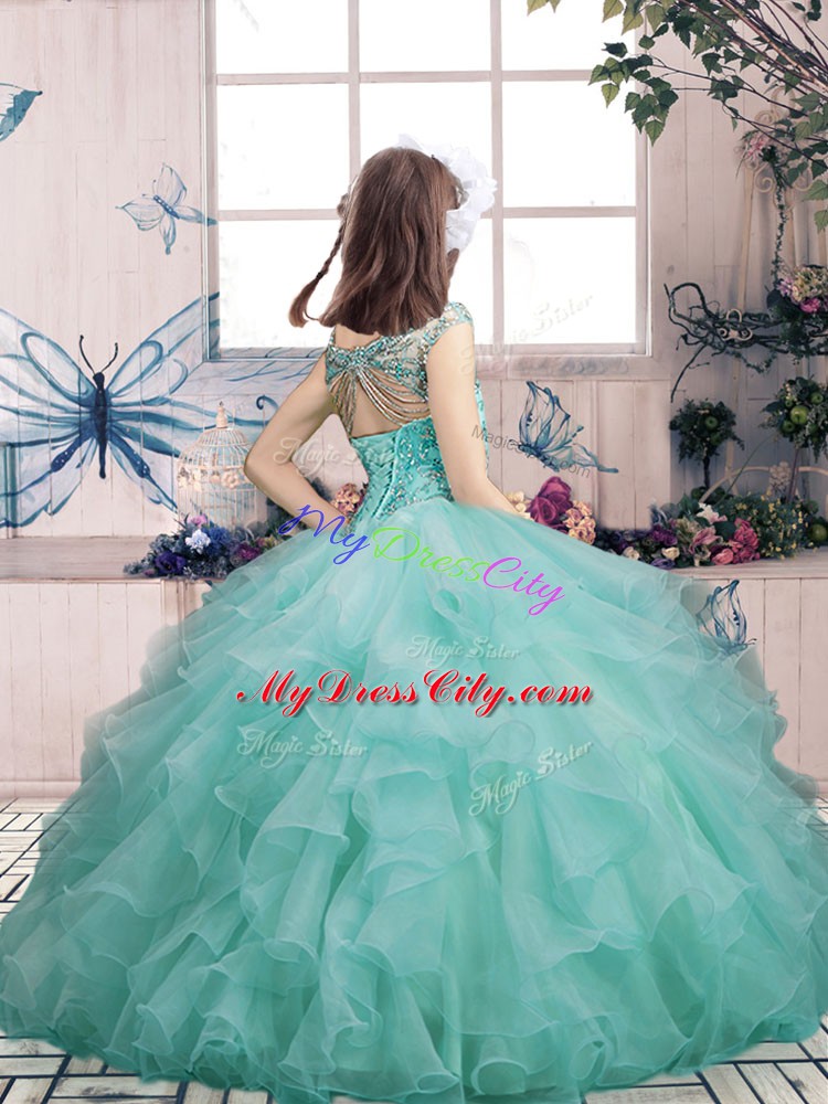 Affordable Peach Ball Gowns Organza Scoop Sleeveless Beading and Ruffles Floor Length Lace Up Girls Pageant Dresses