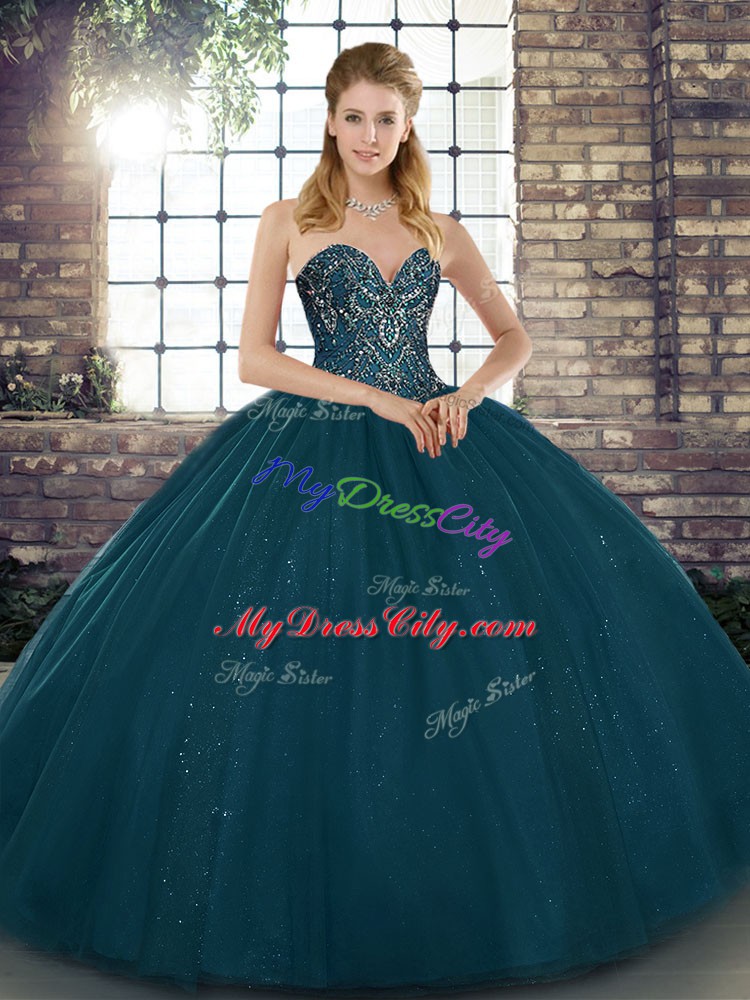 Customized Tulle Sleeveless Floor Length Quinceanera Gowns and Beading