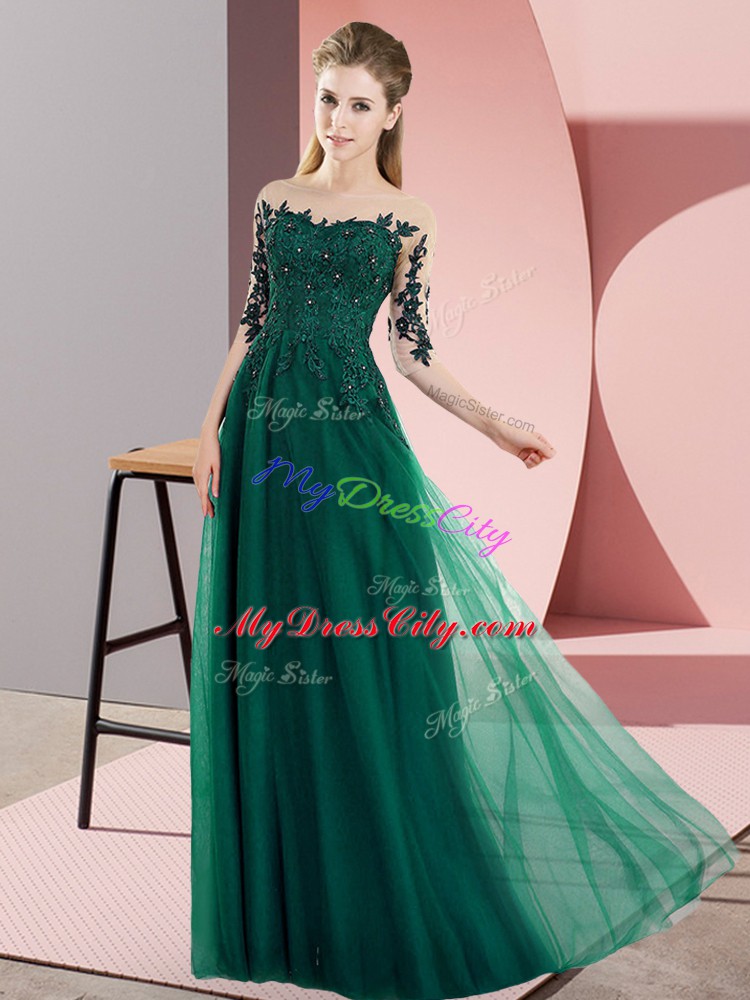 High Class Dark Green Empire Bateau Half Sleeves Chiffon Floor Length Lace Up Beading and Lace Bridesmaid Gown