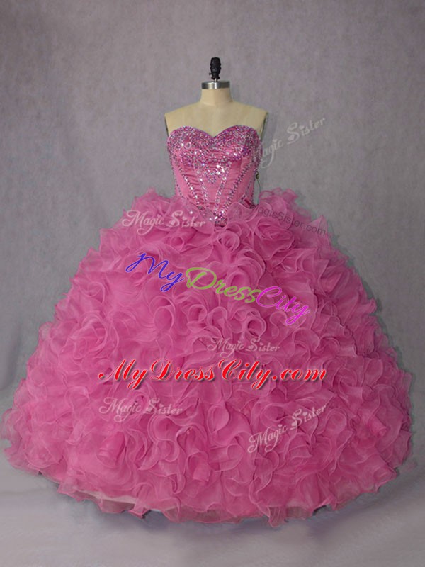 Low Price Halter Top Sleeveless Brush Train Lace Up Ball Gown Prom Dress Rose Pink Organza