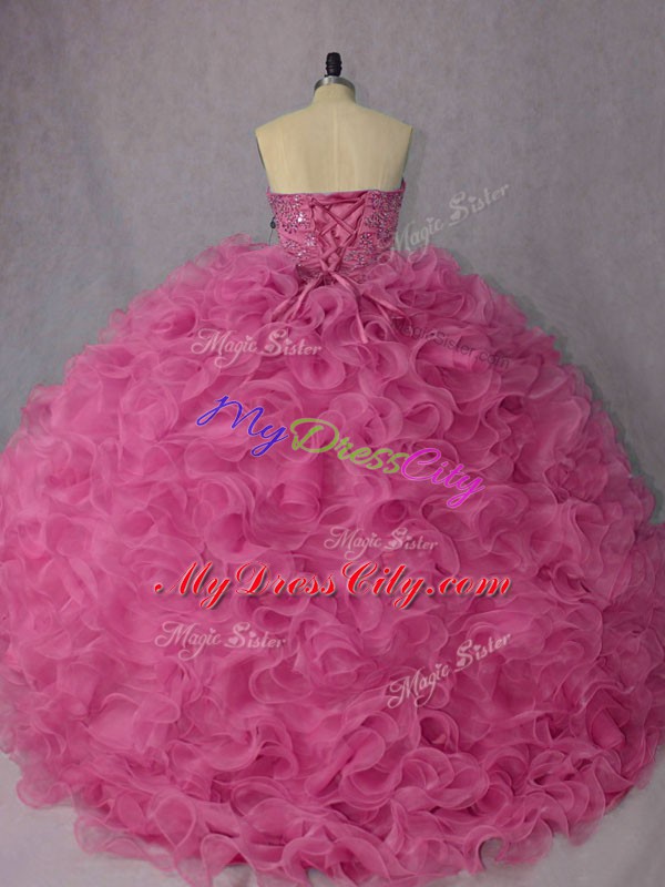 Low Price Halter Top Sleeveless Brush Train Lace Up Ball Gown Prom Dress Rose Pink Organza