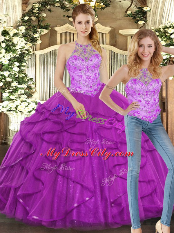 Purple Tulle Lace Up Halter Top Sleeveless Floor Length Quinceanera Gown Beading and Ruffles