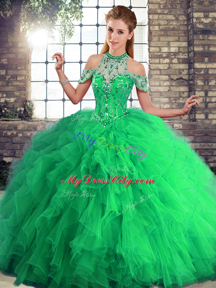 Custom Fit Sleeveless Lace Up Floor Length Beading and Ruffles Quinceanera Gown