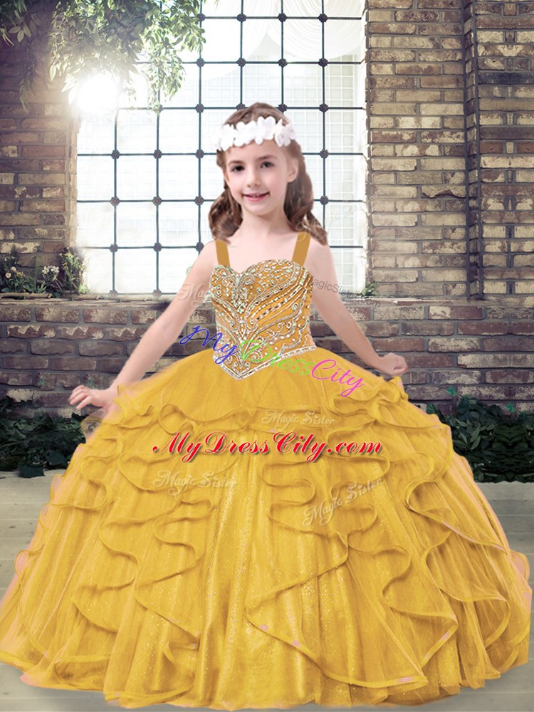 Tulle Straps Sleeveless Lace Up Beading and Ruffles Winning Pageant Gowns in Gold