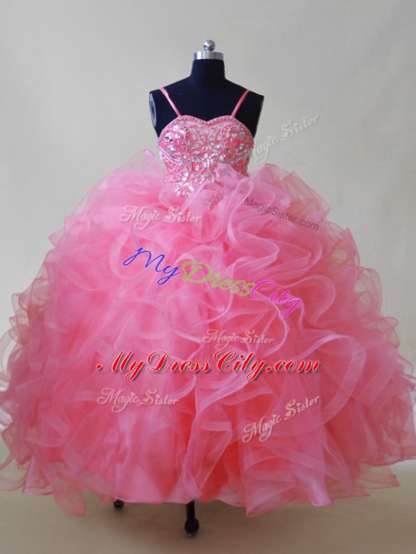 Pink Little Girl Pageant Gowns Wedding Party with Beading and Ruffles Spaghetti Straps Sleeveless Lace Up