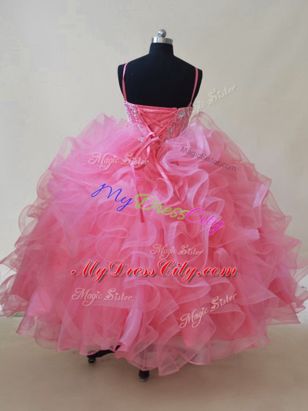 Pink Little Girl Pageant Gowns Wedding Party with Beading and Ruffles Spaghetti Straps Sleeveless Lace Up