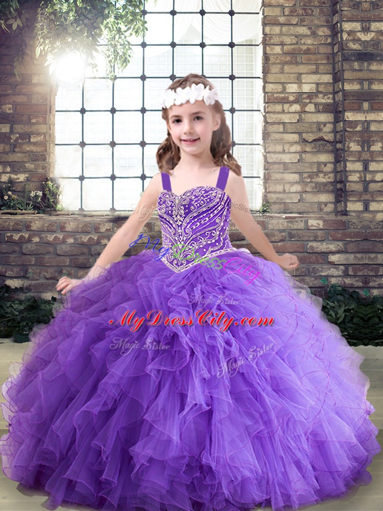 On Sale Lavender and Purple Tulle Lace Up Straps Sleeveless Floor Length Little Girls Pageant Dress Wholesale Beading and Ruffles