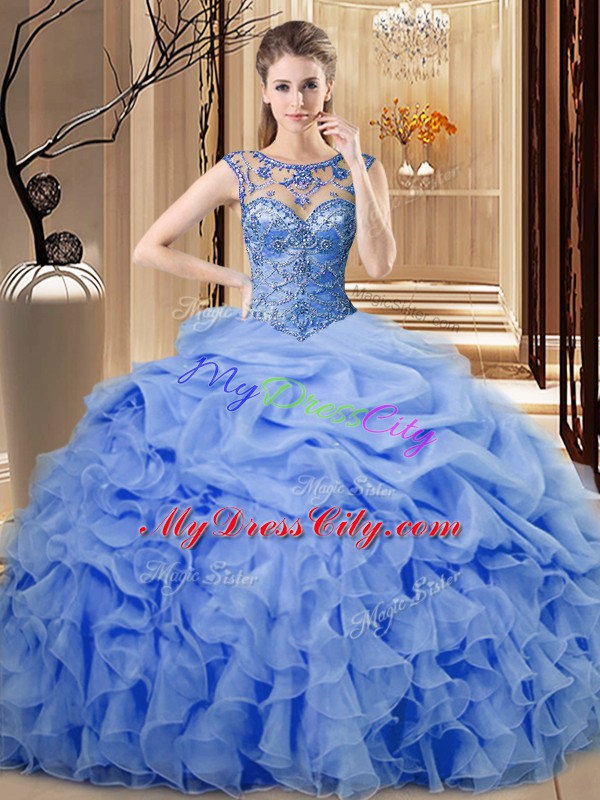 Blue Sleeveless Organza Lace Up Vestidos de Quinceanera for Sweet 16 and Quinceanera