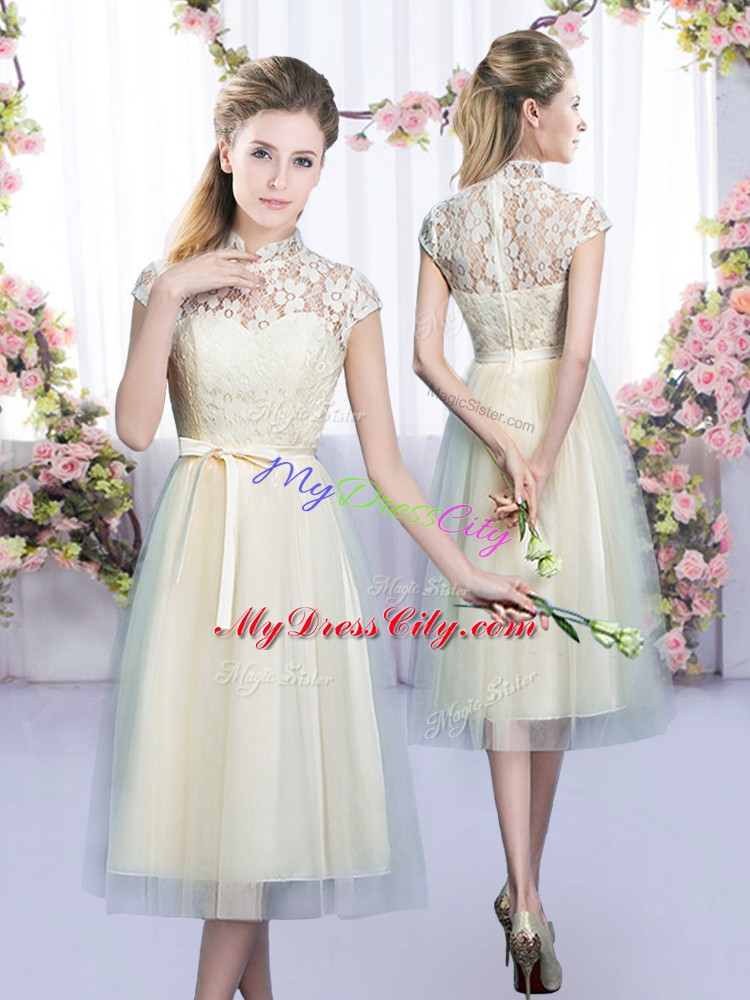 Artistic Empire Bridesmaids Dress Champagne High-neck Tulle Cap Sleeves Tea Length Zipper